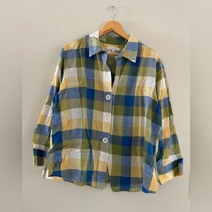 Foxcroft Yellow Green Blue & White Plaid Button Down Shirt
